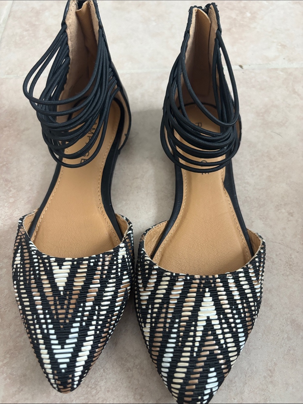 Rampage Black, White & Brown Woven Pointed-Toe Ankle-Tie Flats